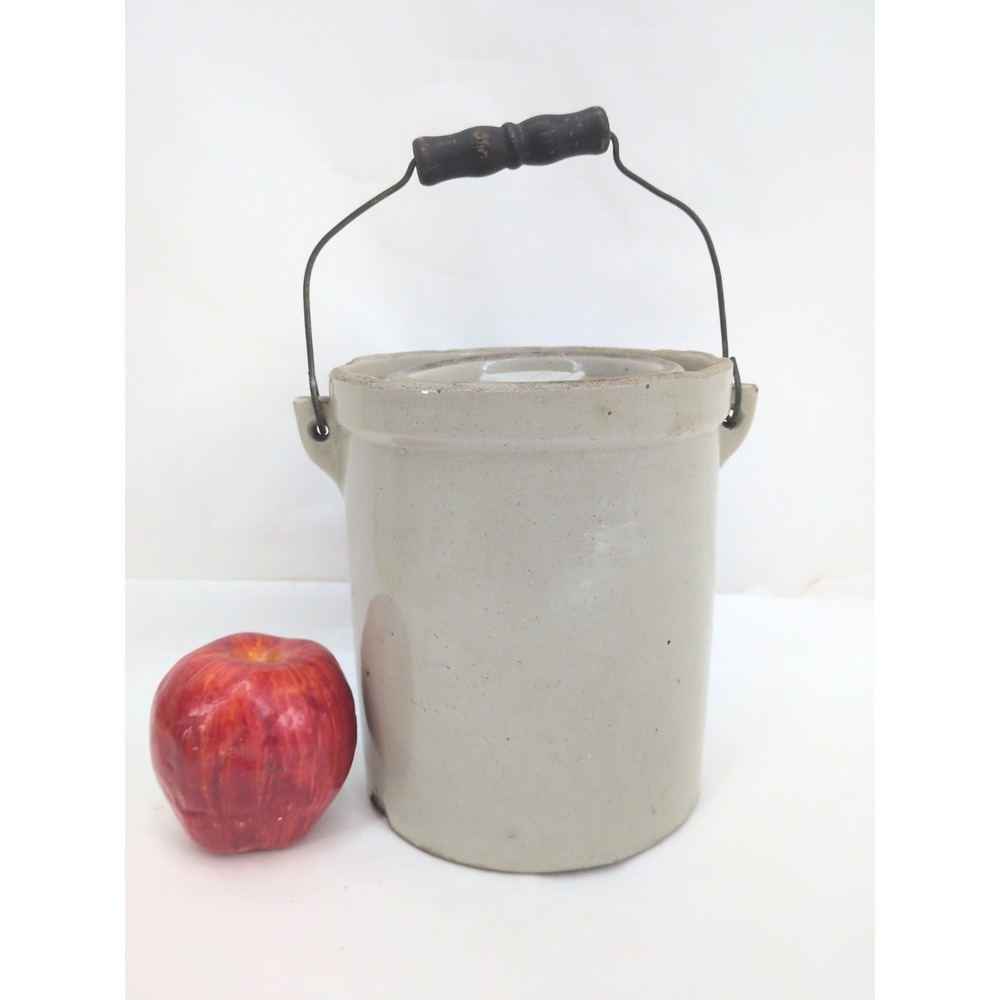 Stoneware Crock With Wooden Bail Wire Handle Farmhouse Decor 7.5" tall w/ Lid